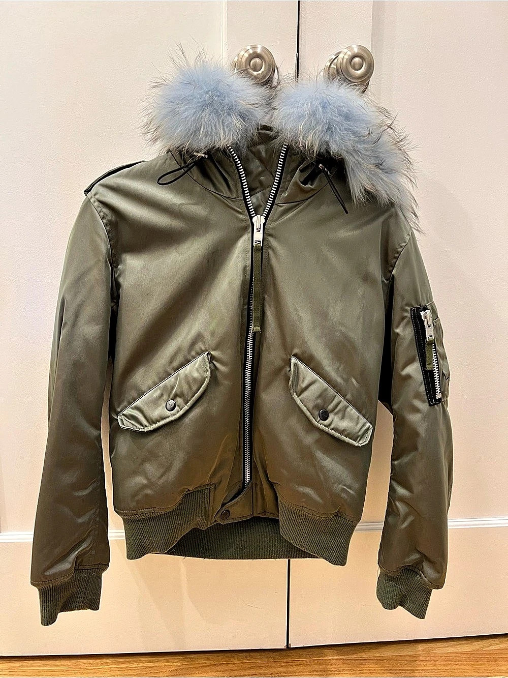 SAM. Freestyle Bomber Jacket. Faux Fur Hood Green & Blue Small
